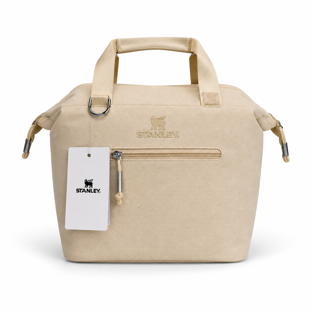 Insulated carry-all cooler bag, beige with front zipper pocket and top carry handle